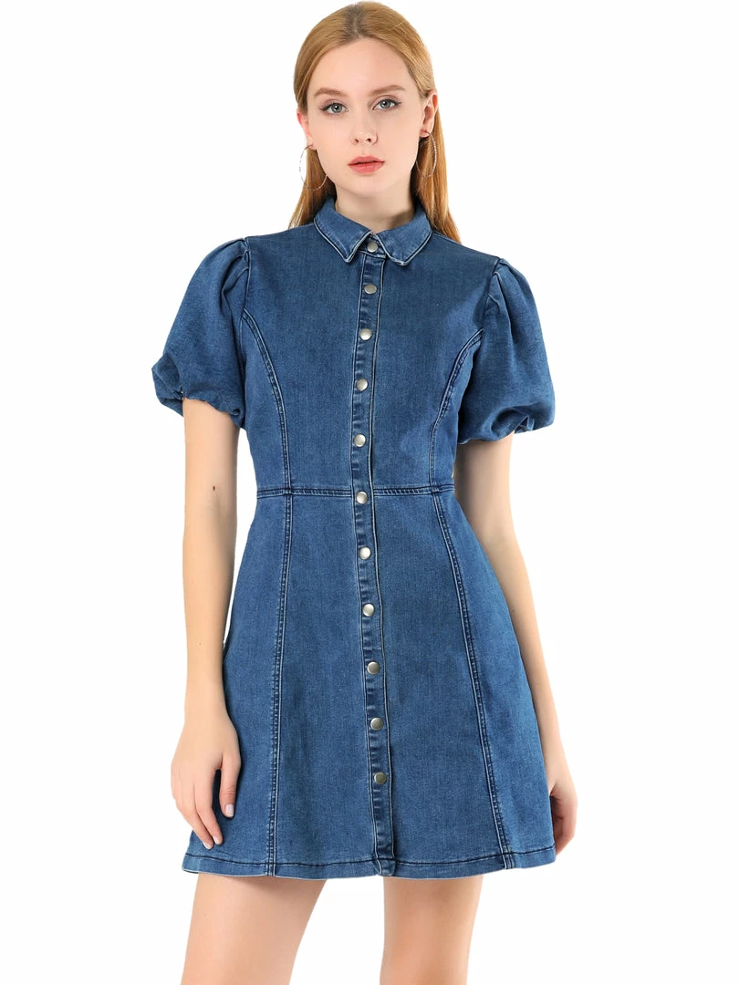 Allegra K Women's Puff Short Sleeve Button Front Mini Jean Denim Dress 9 Allegra K Women's Puff Short Sleeve Button Front Mini Jean Denim Dress
