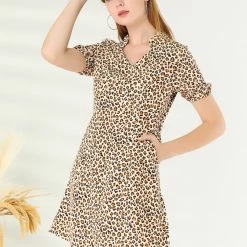 Allegra K Women's Leopard Print V Neck Slash Pocket Tie Waist Mini Dress 14 Allegra K Women's Leopard Print V Neck Slash Pocket Tie Waist Mini Dress