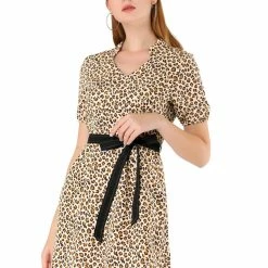 Allegra K Women's Leopard Print V Neck Slash Pocket Tie Waist Mini Dress