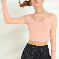 Allegra K Women's Mesh Insert Gym Running Long Sleeve Yoga Workout Cropped Tops