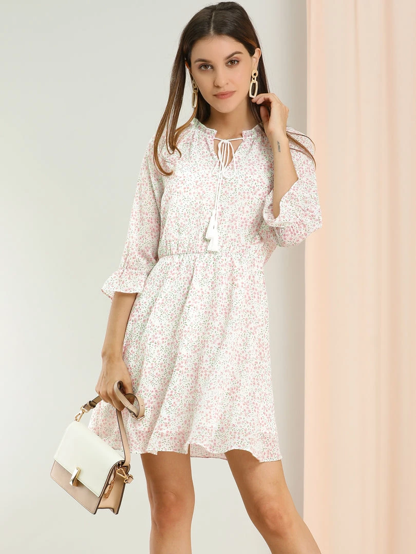 Allegra K Women's Tassel Tie Neck 3/4 Ruffle Sleeve Floral Chiffon A-Line Mini Dress 11 Allegra K Women's Tassel Tie Neck 3/4 Ruffle Sleeve Floral Chiffon A-Line Mini Dress