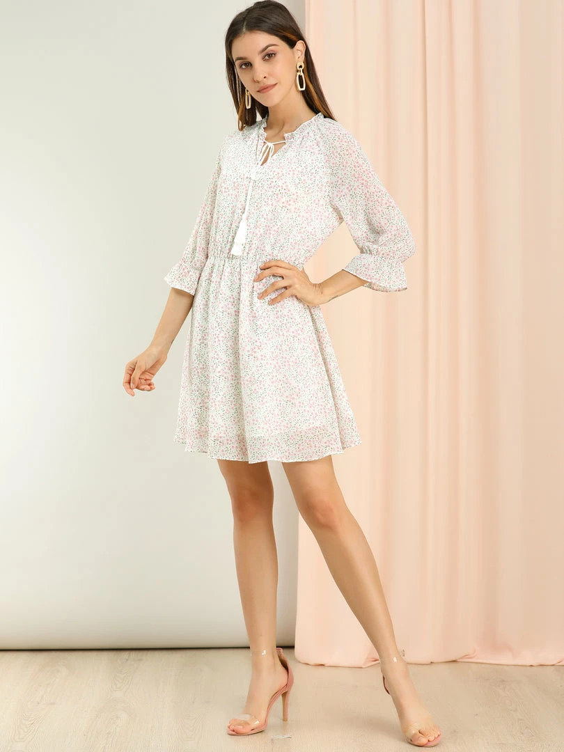 Allegra K Women's Tassel Tie Neck 3/4 Ruffle Sleeve Floral Chiffon A-Line Mini Dress 13 Allegra K Women's Tassel Tie Neck 3/4 Ruffle Sleeve Floral Chiffon A-Line Mini Dress