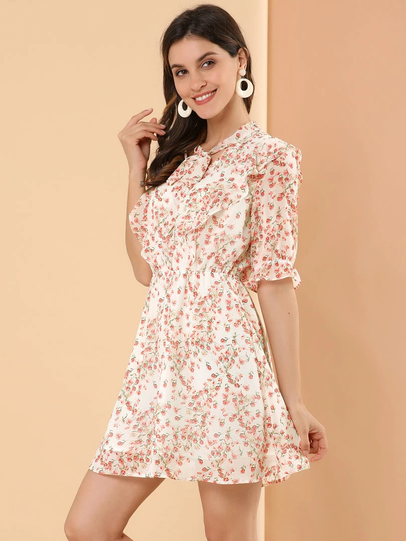 Allegra K Women's Floral V Neck Flowy Belt Short Sleeve Elastic Waist Elegant Dress 4 Allegra K Women's Floral V Neck Flowy Belt Short Sleeve Elastic Waist Elegant Dress