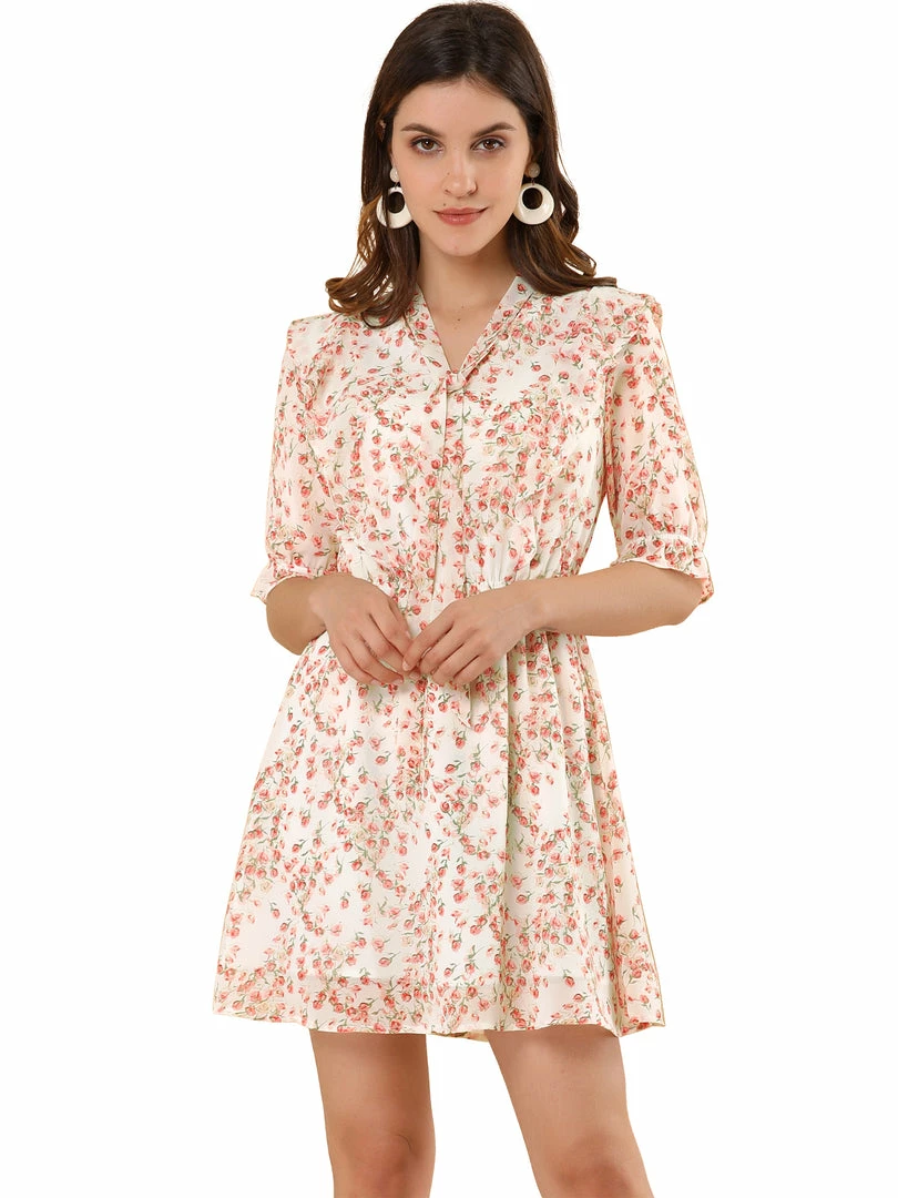 Allegra K Women's Floral V Neck Flowy Belt Short Sleeve Elastic Waist Elegant Dress 5 Allegra K Women's Floral V Neck Flowy Belt Short Sleeve Elastic Waist Elegant Dress