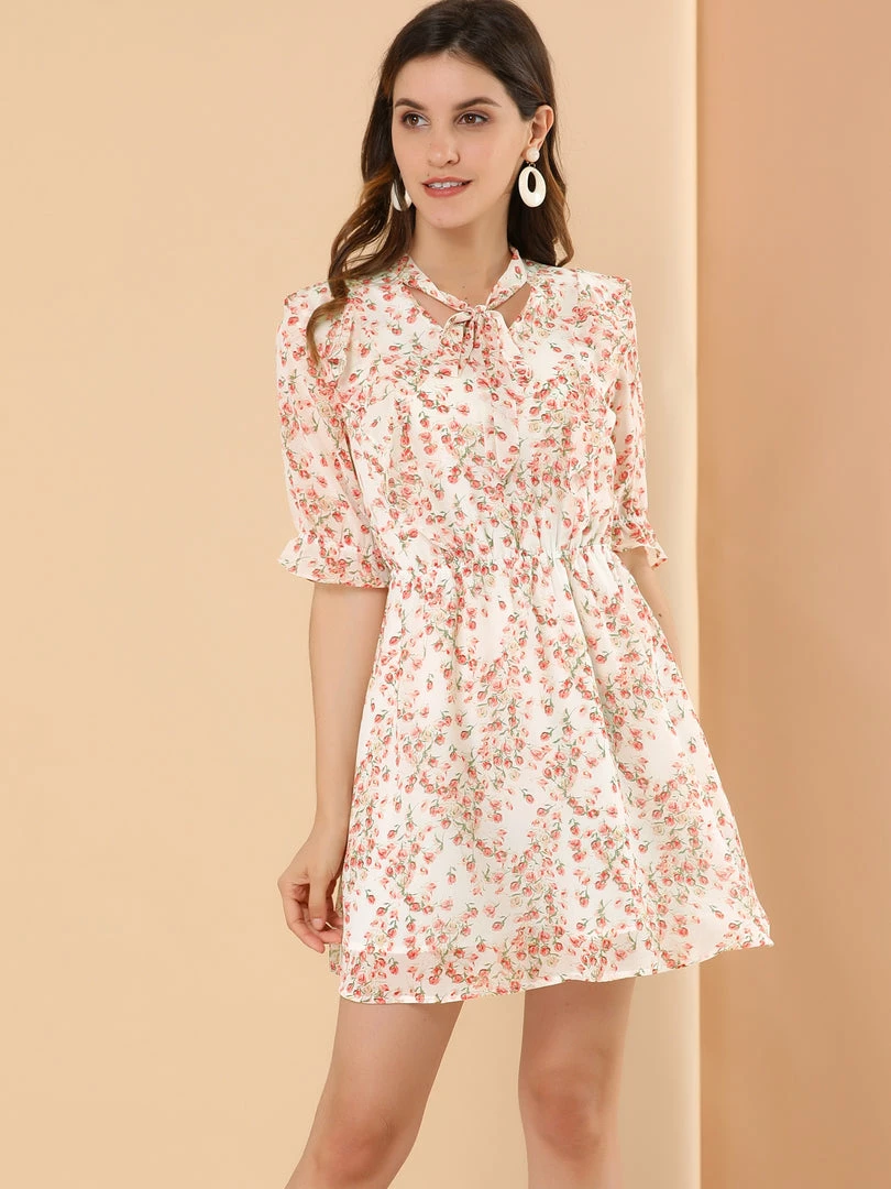 Allegra K Women's Floral V Neck Flowy Belt Short Sleeve Elastic Waist Elegant Dress 6 Allegra K Women's Floral V Neck Flowy Belt Short Sleeve Elastic Waist Elegant Dress