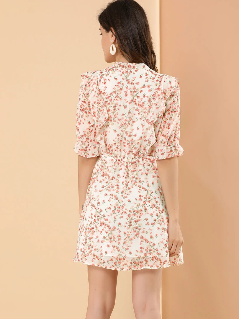 Allegra K Women's Floral V Neck Flowy Belt Short Sleeve Elastic Waist Elegant Dress 7 Allegra K Women's Floral V Neck Flowy Belt Short Sleeve Elastic Waist Elegant Dress