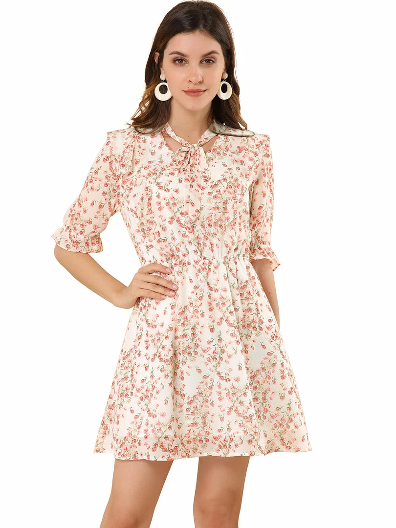 Allegra K Women's Floral V Neck Flowy Belt Short Sleeve Elastic Waist Elegant Dress 3 Allegra K Women's Floral V Neck Flowy Belt Short Sleeve Elastic Waist Elegant Dress