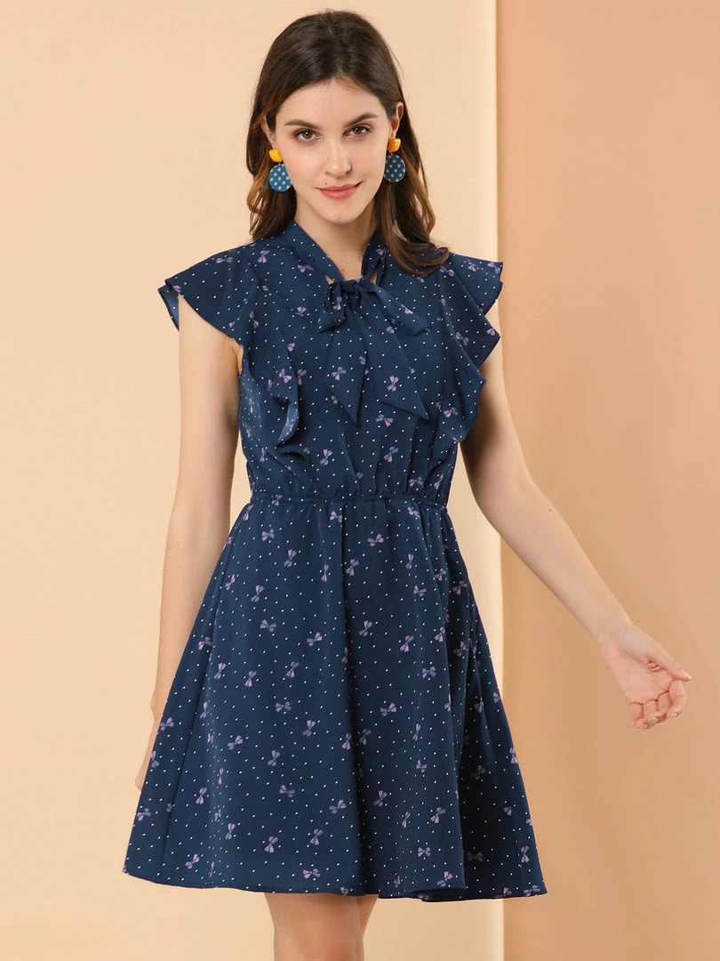 Allegra K Women's Ruffle Sleeve Polka Dots Dresses Tie Neck Summer A Line Dress 10 Allegra K Women's Ruffle Sleeve Polka Dots Dresses Tie Neck Summer A Line Dress