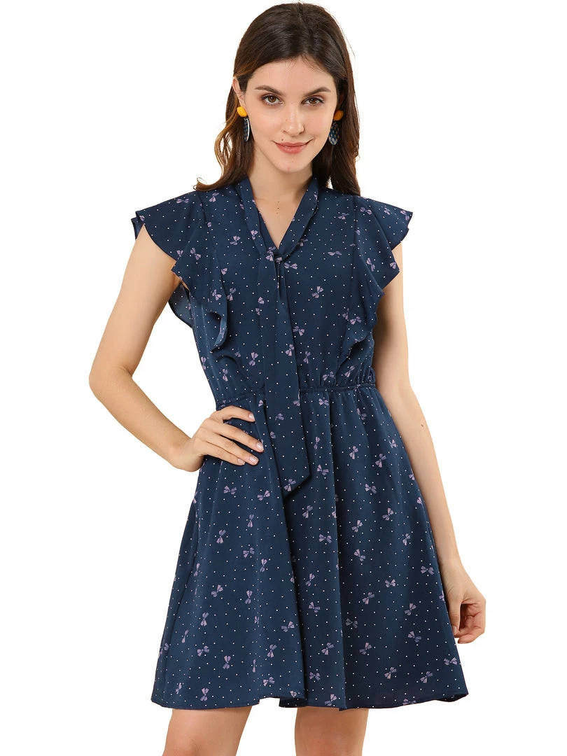 Allegra K Women's Ruffle Sleeve Polka Dots Dresses Tie Neck Summer A Line Dress 9 Allegra K Women's Ruffle Sleeve Polka Dots Dresses Tie Neck Summer A Line Dress