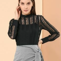 Allegra K Women's Lace Top Blouse Long Sleeve Stand Collar Floral Vintage Shirt