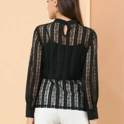 Allegra K Women's Lace Top Blouse Long Sleeve Stand Collar Floral Vintage Shirt