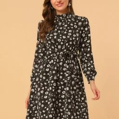 Allegra K Floral Long Sleeve Mock Neck Tie Waist Dress