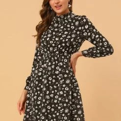 Allegra K Floral Long Sleeve Mock Neck Tie Waist Dress