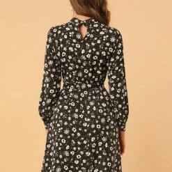 Allegra K Floral Long Sleeve Mock Neck Tie Waist Dress