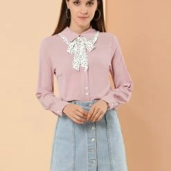 Allegra K Women's Contrast Color Work Office Bow Tie Peter Pan Collar Shirt