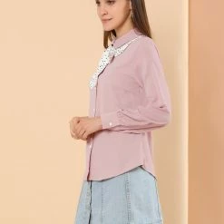 Allegra K Women's Contrast Color Work Office Bow Tie Peter Pan Collar Shirt