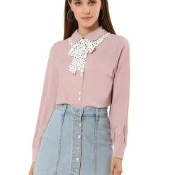 Allegra K Women's Contrast Color Work Office Bow Tie Peter Pan Collar Shirt