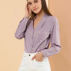 Allegra K Women's Stand Collar Long Sleeve Metallic Dots Stars Blouse Top