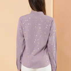 Allegra K Women's Stand Collar Long Sleeve Metallic Dots Stars Blouse Top