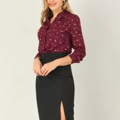 Allegra K Women's Stand Collar Long Sleeve Metallic Dots Stars Blouse Top