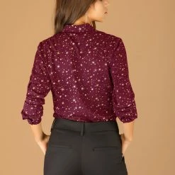 Allegra K Women's Stand Collar Long Sleeve Metallic Dots Stars Blouse Top