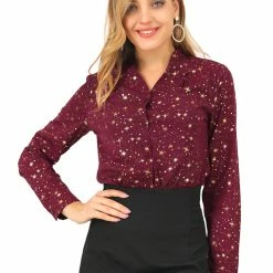 Allegra K Women's Stand Collar Long Sleeve Metallic Dots Stars Blouse Top