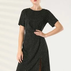 Allegra K Women's Polka Dots Vintage Round Neck Elastic Waist Back Split Fit And Flare Dress