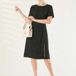 Allegra K Women's Polka Dots Vintage Round Neck Elastic Waist Back Split Fit And Flare Dress