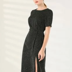 Allegra K Women's Polka Dots Vintage Round Neck Elastic Waist Back Split Fit And Flare Dress