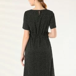 Allegra K Women's Polka Dots Vintage Round Neck Elastic Waist Back Split Fit And Flare Dress