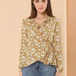 Allegra K Floral Print Crossover Ruffle V Neck Self Tie Wrap Peplum Top Women