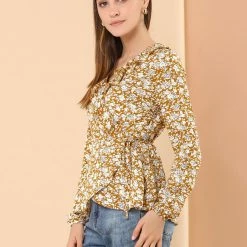 Allegra K Floral Print Crossover Ruffle V Neck Self Tie Wrap Peplum Top Women