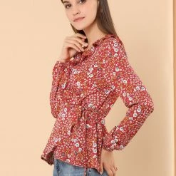 Allegra K Floral Print Crossover Ruffle V Neck Self Tie Wrap Peplum Top Women