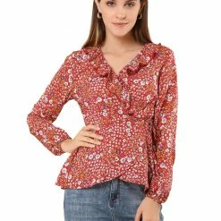 Allegra K Floral Print Crossover Ruffle V Neck Self Tie Wrap Peplum Top Women