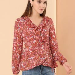 Allegra K Floral Print Crossover Ruffle V Neck Self Tie Wrap Peplum Top Women