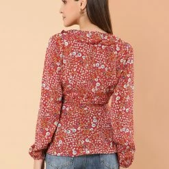 Allegra K Floral Print Crossover Ruffle V Neck Self Tie Wrap Peplum Top Women