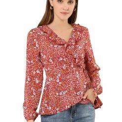 Allegra K Floral Print Crossover Ruffle V Neck Self Tie Wrap Peplum Top Women