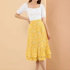 Allegra K Women's Printed Elastic Waist Tiered Ruffle Hem Flowy Midi Skirt