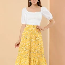 Allegra K Women's Printed Elastic Waist Tiered Ruffle Hem Flowy Midi Skirt