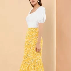 Allegra K Women's Printed Elastic Waist Tiered Ruffle Hem Flowy Midi Skirt