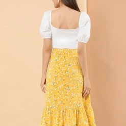 Allegra K Women's Printed Elastic Waist Tiered Ruffle Hem Flowy Midi Skirt