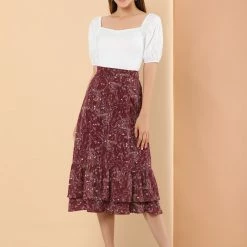 Allegra K Women's Printed Elastic Waist Tiered Ruffle Hem Flowy Midi Skirt