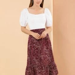 Allegra K Women's Printed Elastic Waist Tiered Ruffle Hem Flowy Midi Skirt