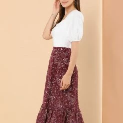 Allegra K Women's Printed Elastic Waist Tiered Ruffle Hem Flowy Midi Skirt