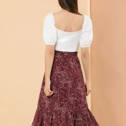 Allegra K Women's Printed Elastic Waist Tiered Ruffle Hem Flowy Midi Skirt