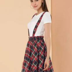 Allegra K Women's Tartan Plaid Button Decor Flare Skater Suspender Skirt 74 Allegra K Women's Tartan Plaid Button Decor Flare Skater Suspender Skirt