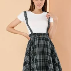 Allegra K Women's Tartan Plaid Button Decor Flare Skater Suspender Skirt 48 Allegra K Women's Tartan Plaid Button Decor Flare Skater Suspender Skirt