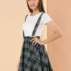 Allegra K Women's Tartan Plaid Button Decor Flare Skater Suspender Skirt 49 Allegra K Women's Tartan Plaid Button Decor Flare Skater Suspender Skirt