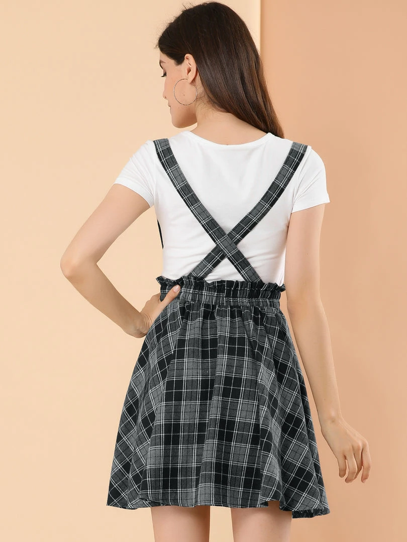 Allegra K Women's Tartan Plaid Button Decor Flare Skater Suspender Skirt 7 Allegra K Women's Tartan Plaid Button Decor Flare Skater Suspender Skirt