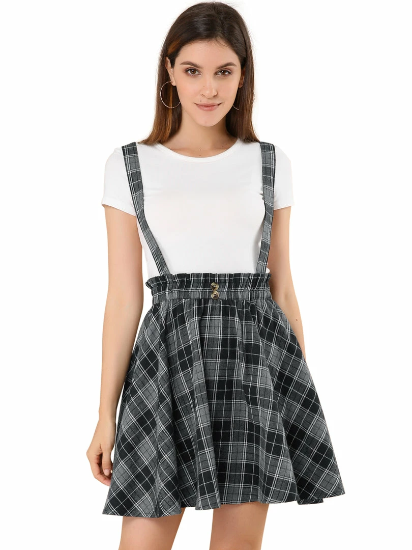 Allegra K Women's Tartan Plaid Button Decor Flare Skater Suspender Skirt 3 Allegra K Women's Tartan Plaid Button Decor Flare Skater Suspender Skirt